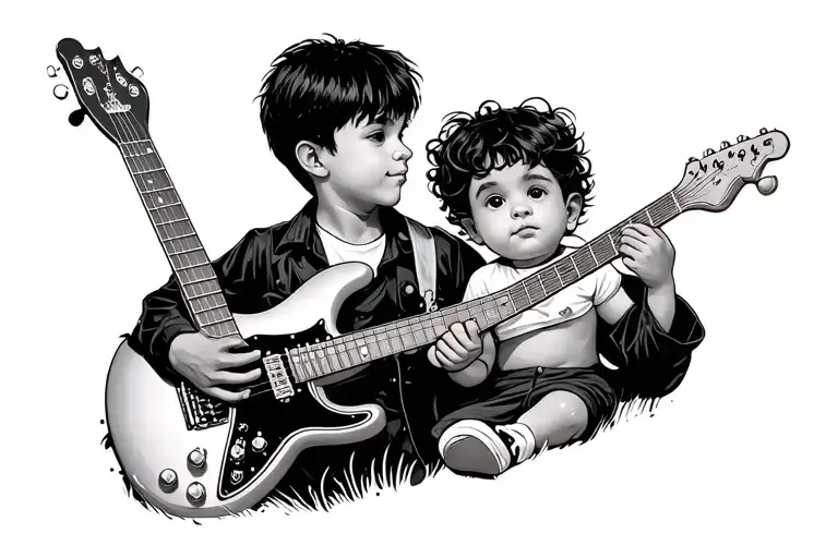 Teen Boy With Prince Guitar And Baby Bay With Jimmy Hendrixx Guitar