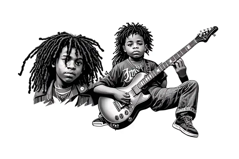 Teen Boy With Dreads And Prince Guitar And Baby Boy With Jimmy Hendrixx Guitar