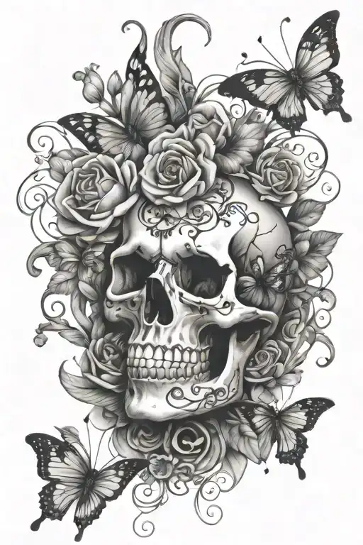 Skull Flowers Butterflies Surrounding