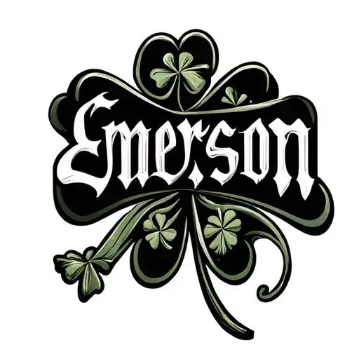 The Name Emerson With Old English Font And A Shamrock In Black And White