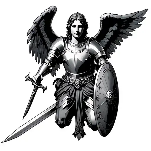 Holy Angel Kneeling In Armor Holding A Sword And Sheild