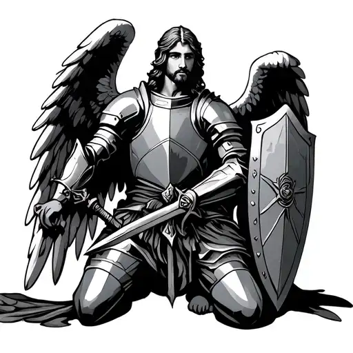 Holy Angel O One Knee Wearing Full Armor Holding A Sword And Sheild
