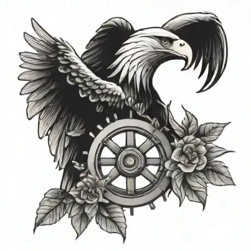 Eagle With A Ship Wheel With Flowers Around It