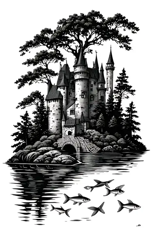 Castle Overlooking Forest And Fish Pond Fish Swimming