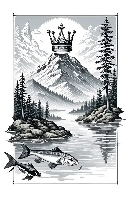 Crown On Top Of A Mountain With Forest And Pond Fish Swimming