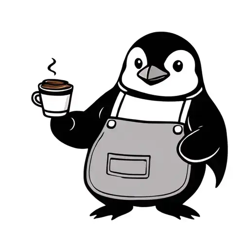 Penguin Wearing Apron Holding Coffee Cup
