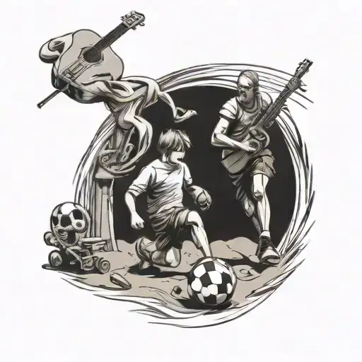 A Father And Son Playing Soccer On A Beach With Musical Instruments In The Background