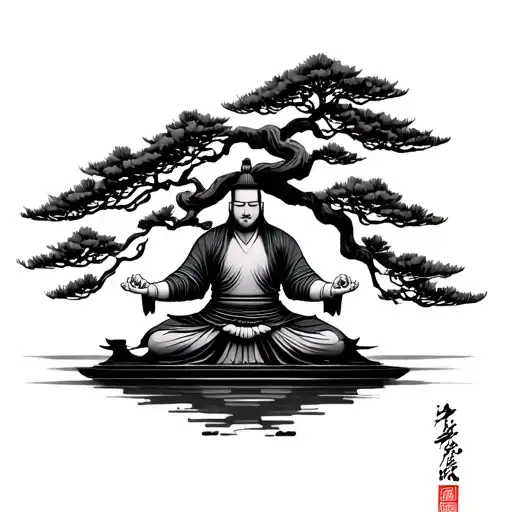 Japanese Bonsai Tree With Samurai Meditating Figure