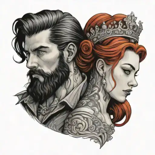 A Handsome Young Bearded Man With Black Hair Accompanied By His Red-haired Princess