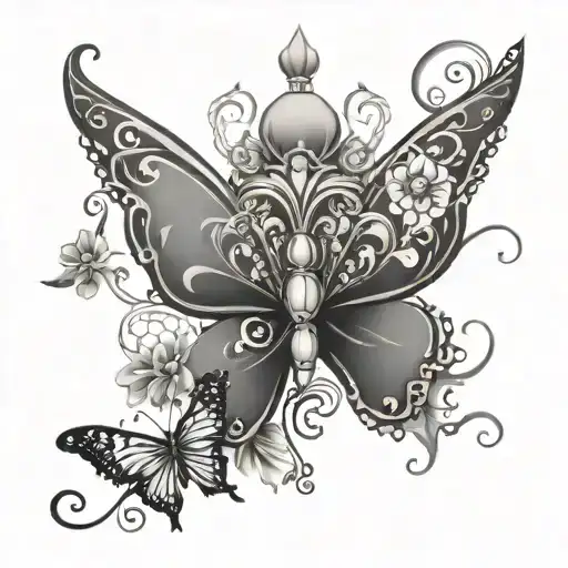 A Stylized Crown Design With Intricate Black-grey Shading And Hidden Butterfly And Flower Elements