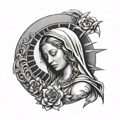 Virgin Mary Crying With Half Moon And Sun On Top Of Her