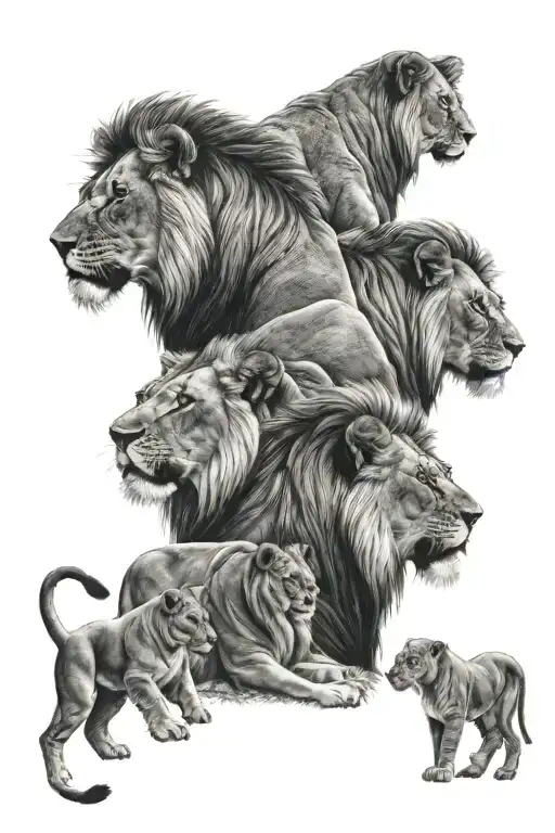 Lion Lioness And Three Cubs