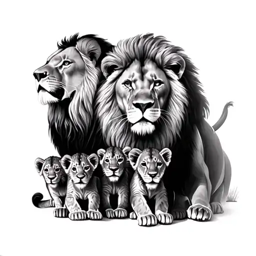 2 Adult Lions And 3 Lion Cubs