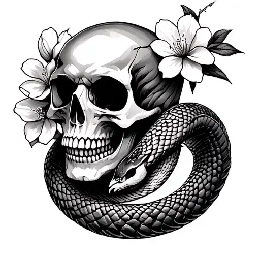 Cherry Blossom With A Skull And Snake Coiled