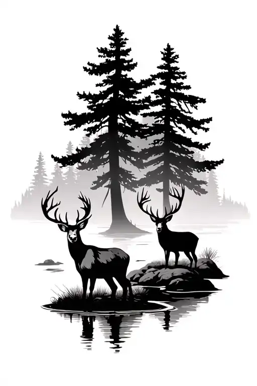 Deer Hunting Tattoo Sleeve Featuring Trees And A Pond