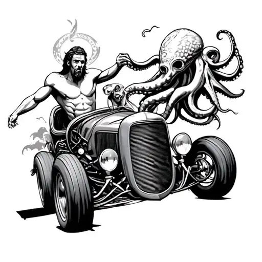Aquarius God Fighting With A Octopus Driving A Hotrod