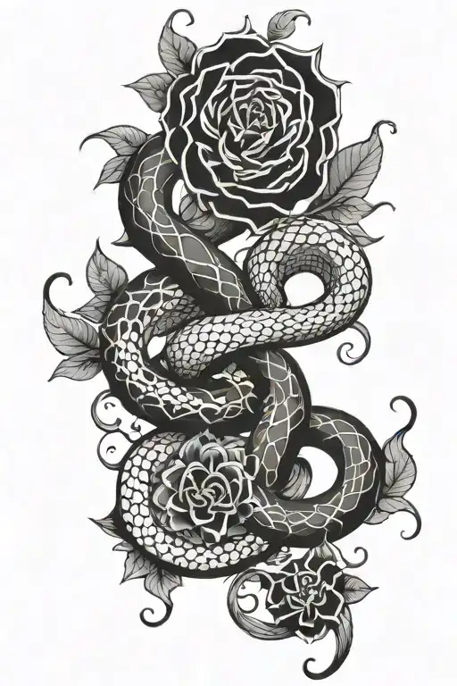 Red Snake And Black Flowers Intertwined