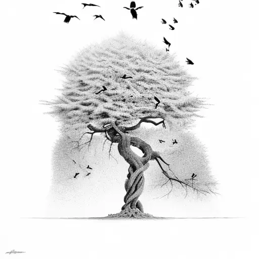 Decrepid Tree With Birds And An Old Barn