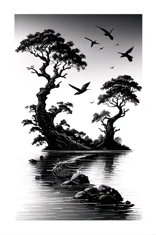 Trees And Water With Birds Flying Away