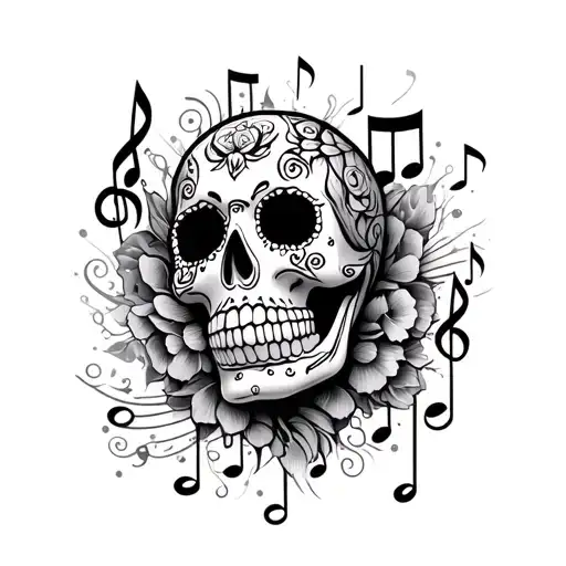 Sugar Skull Surrounded By Musical Notes