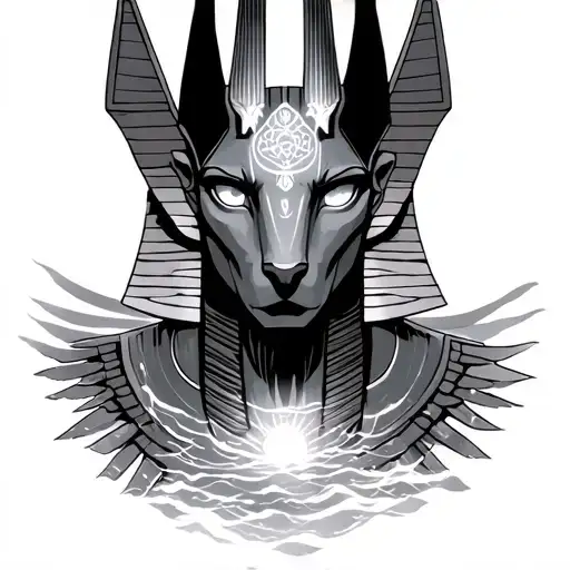 Anubis With Luminous Eyes And Auras And Ocean And Fine Lines With Rebirth Of Protections