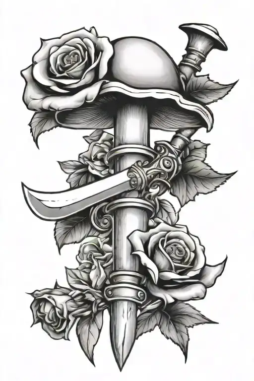 Rose Wrapped Around A Dagger With A Mushroom And A Fary