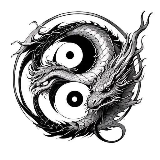 Draw A Sketch Tattoo Where The Circle Of Yin-yan Douses A Snake And A Dragon