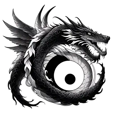Draw A Sketch Of A Tattoo Where The Circle Of Yin-yan Douses A Snake And A Dragon With Wings