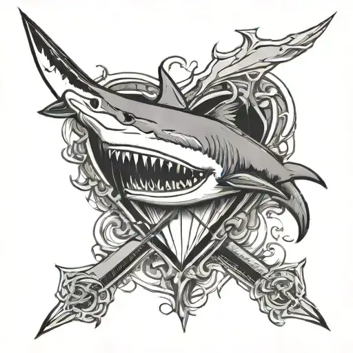 Heart With A Dagger In It And Great White Sharks Around It