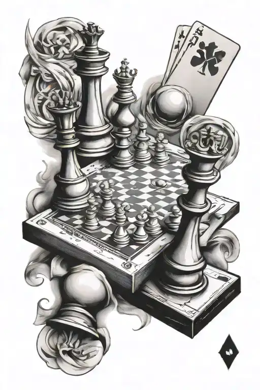 Chess Pieces And Playing Cards Surrounded