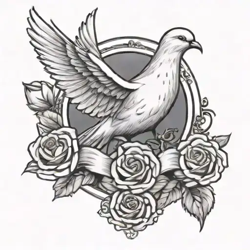 Dove Holding Rose With Scroll At His Feet