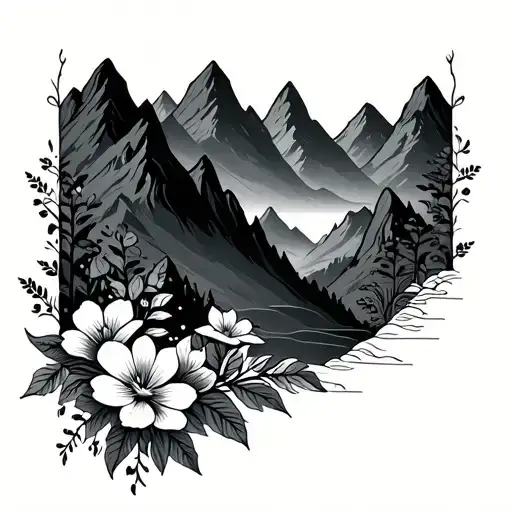 Mountains With Floral Design Incorporating Elements