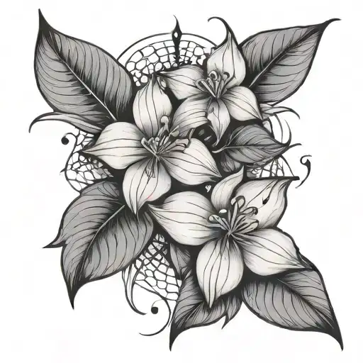 Trillium Flowers And Sharp Leaves With Spider Webs