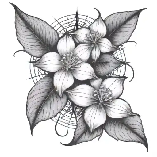 Trillium Flowers And Sharp Leaves With Spider Web