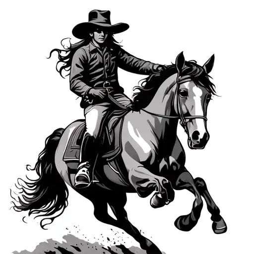 Rider In A Hat And Long Hair On A Horse Jumping