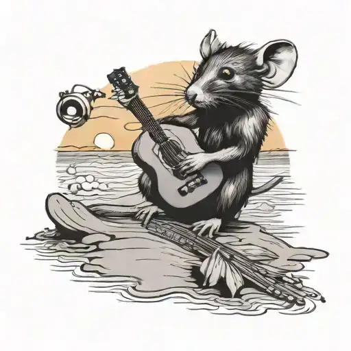 A Black-grey Tattoo Of A Rat Playing Guitar On A Beach At Sunset