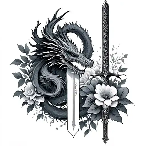 Dragon Sword And Flowers Growing