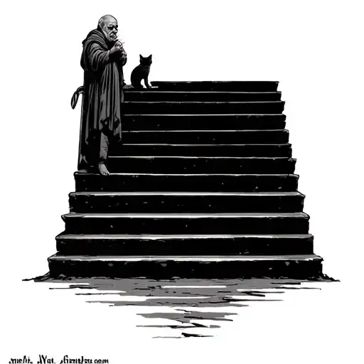 An Old Man Rising The Steps Of Paradise With A Cat Alongside These Side