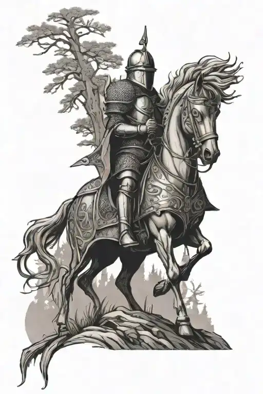 Knight Standing In Forest Scene With Mountains