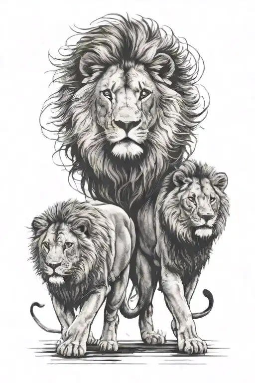 Black And Grey Forearm Tattoo With A Lion Looking Down On A Father And Son Walking