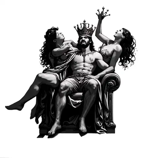 King Sitting On His Throne With A Crazy Girl On His Shoulders Trying To Take His Crown Of His Head Tattoo