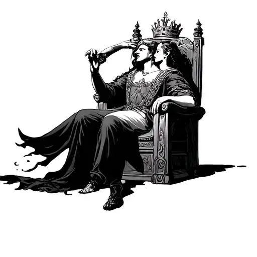 King Sitting On His Throne With A Crazy Girl On His Back Trying To Take His Crown Off Of His Head Tattoo