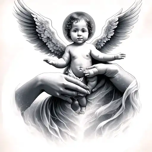 Mothers Hand Holding Baby Boys Hand As They Depart From Each Other In Heaven