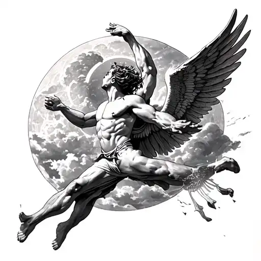 Icarus Falling From Sky While Try To Reach Sun And Have A Devil's Wings