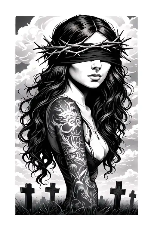 Woman Blindfolded With A Crown Of Thorns Above A Graveyard With Clouds Above Her