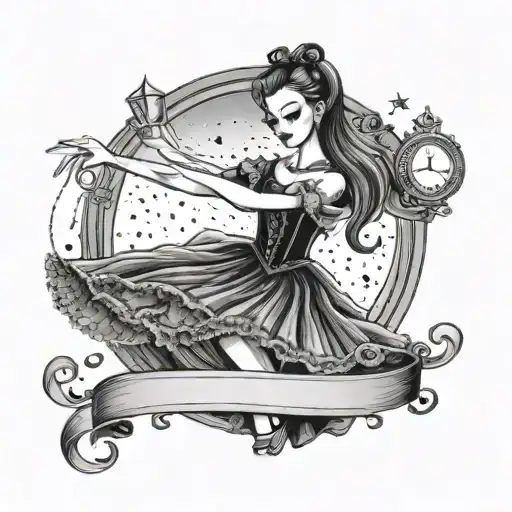 A Black And Grey Tattoo Of A Gothic Ballerina Dancing With A Cat On A Stage Under A Starlit Sky