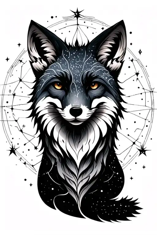 Artic Fox Full Body In Front Of Leo Constellation Intertwined