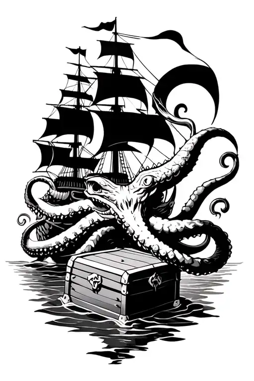 Kraken Guarding Treasure Chest With Pirate Ship Sailing Above