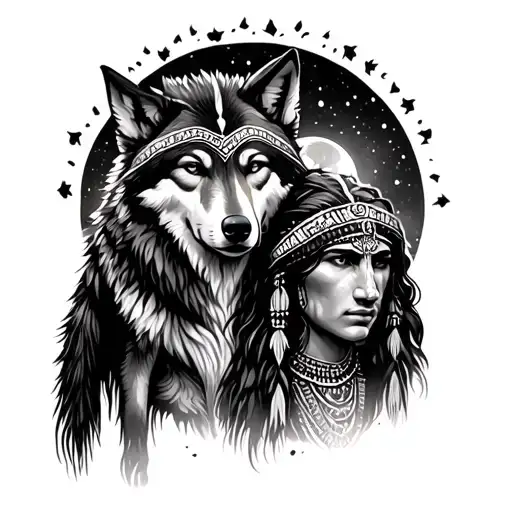 Indian And A Wolf In A Dark Forest At Night