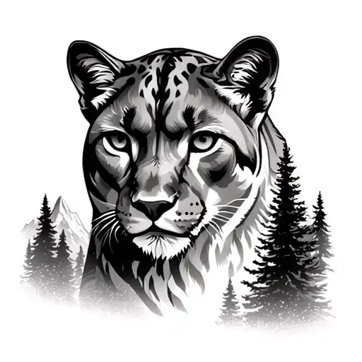 Realistic Mountain Lion With Forest And Mountain Back Drop